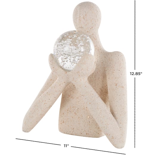 12.75" Cream People Abstract Textured Polystone Sculpture with Clear Glass Ball & Gold Speckles